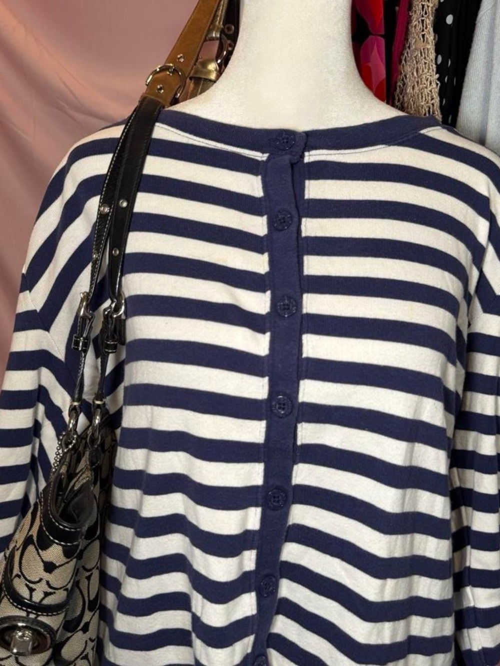 White Stag Navy and White Striped Button-Back Top